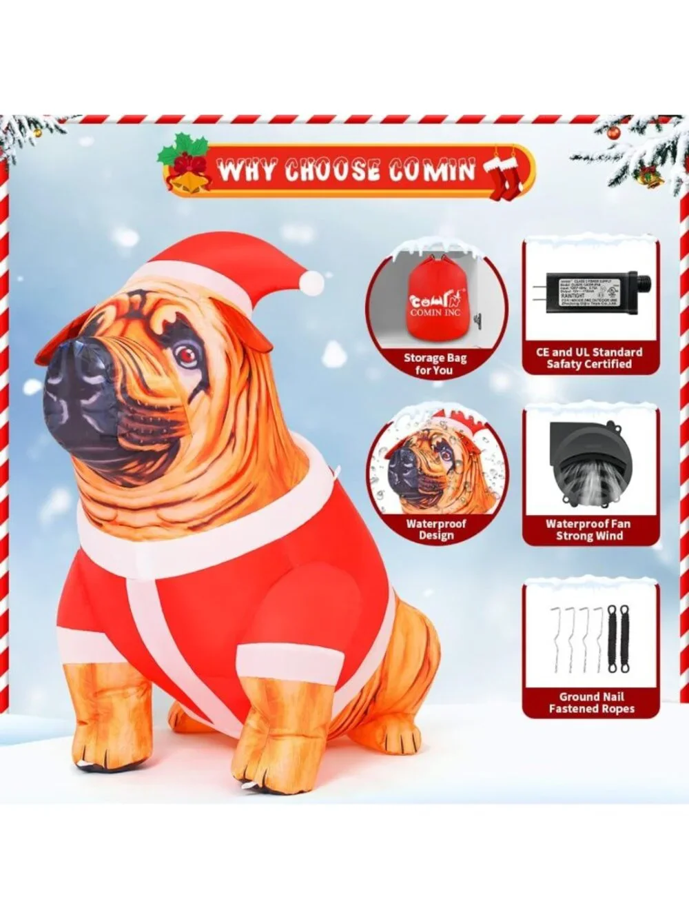 4FT Christmas Bulldog Inflatable Yard Decoration with LED Lights - Outdoor